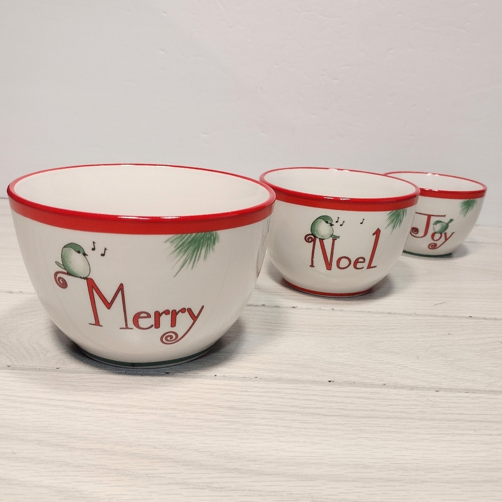 Everyday white Christmas porcelain Nesting Bowls set of 3 Merry, Noel, Joy.